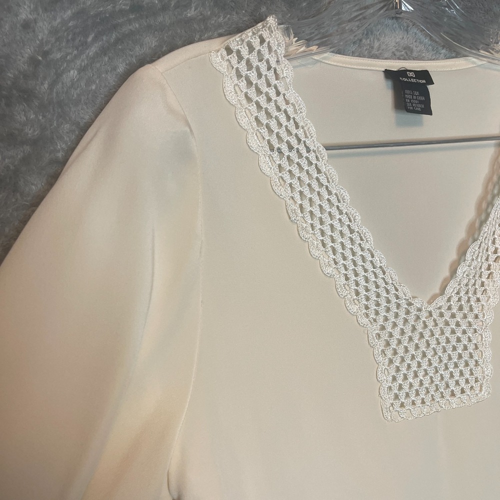 Womens Size M* Ivory Cream Quiet Luxury Old Money Feminine Crochet Silk Blouse